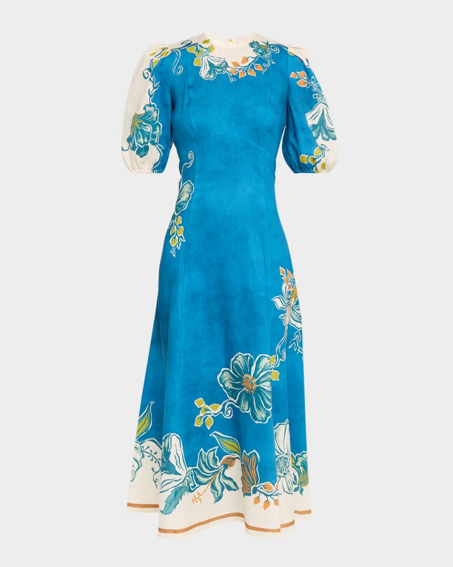 Teal/Multi Alémais  Linen Dress Off White Floral Edges, 2