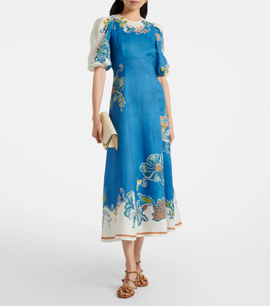 Teal/Multi Alémais  Linen Dress Off White Floral Edges, 2