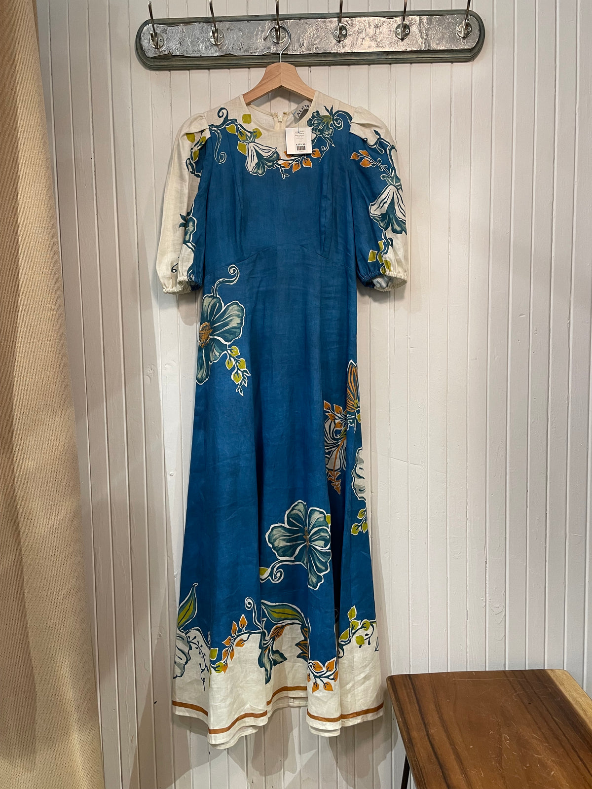 Teal/Multi Alémais  Linen Dress Off White Floral Edges, 2