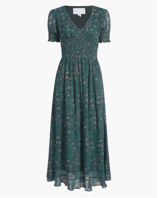 Forrest Green Floral  Hill House Dress Smocked, Midi Georgia Nap, M
