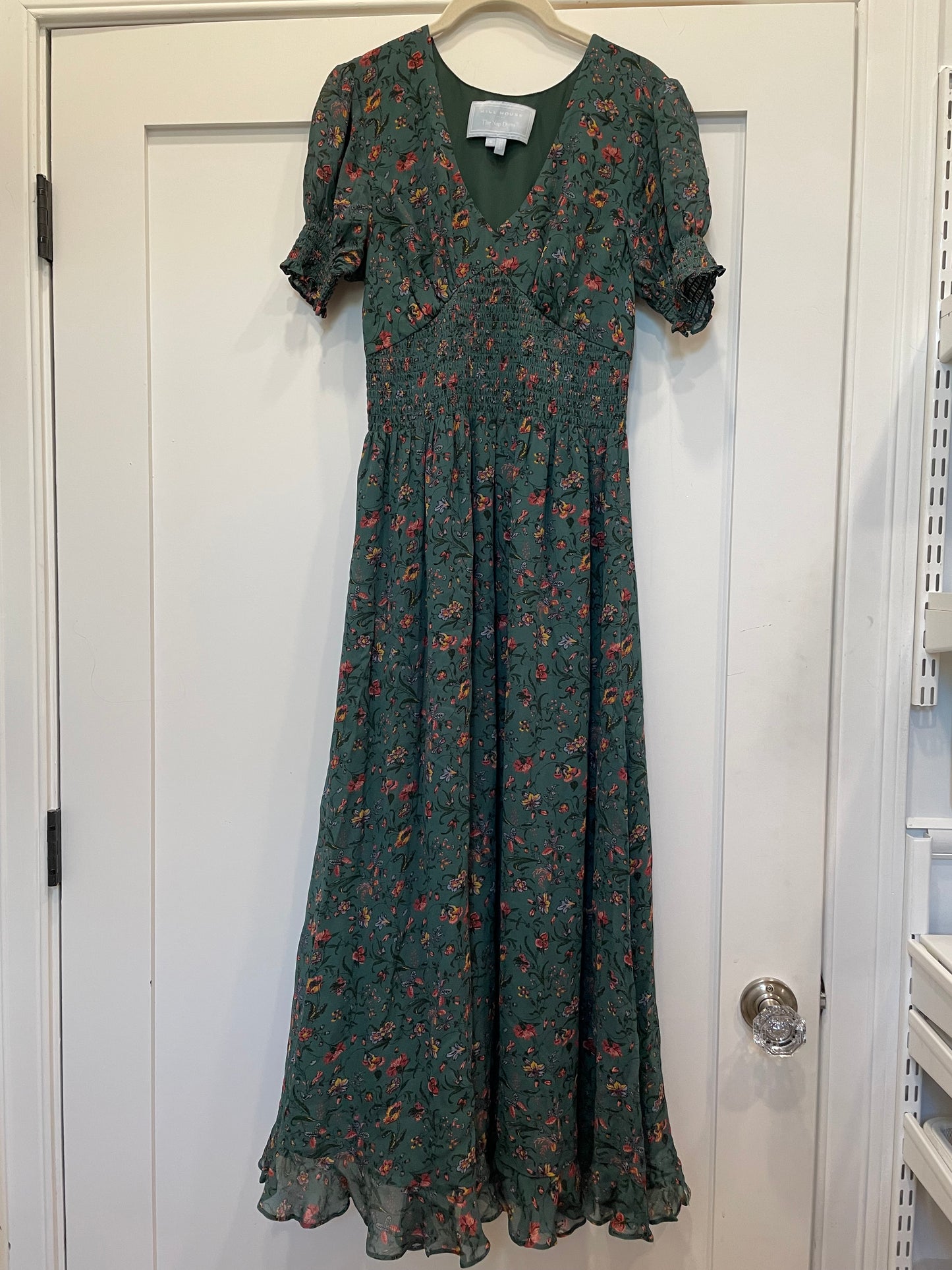 Forrest Green Floral  Hill House Dress Smocked, Midi Georgia Nap, M