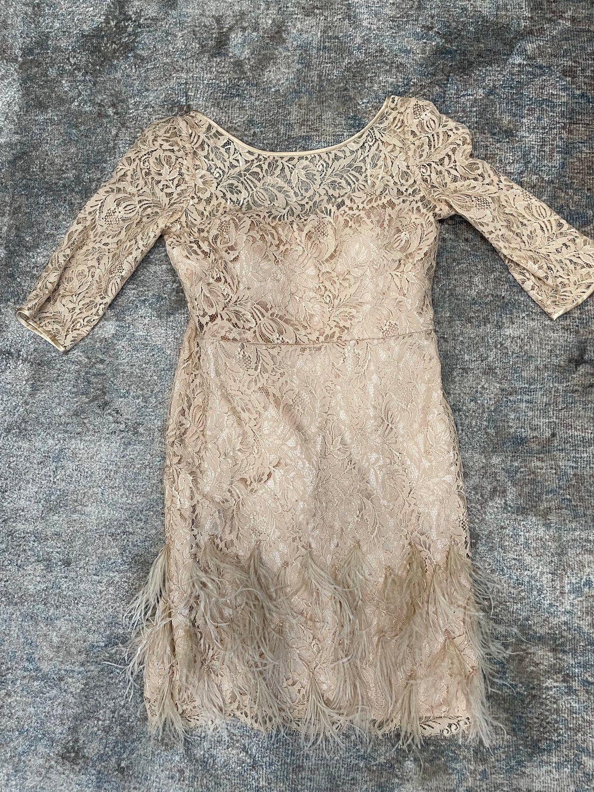 Champange Lace Theia Cocktail Dress Feather trim, 12