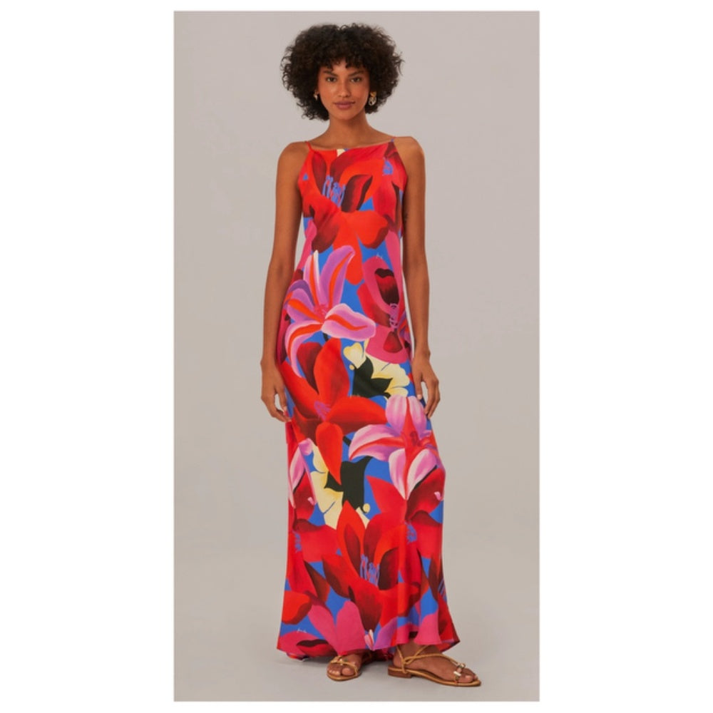 Red/Liliac print  Farm Rio  Maxi Dress Watercolor Floral Slip dress, M