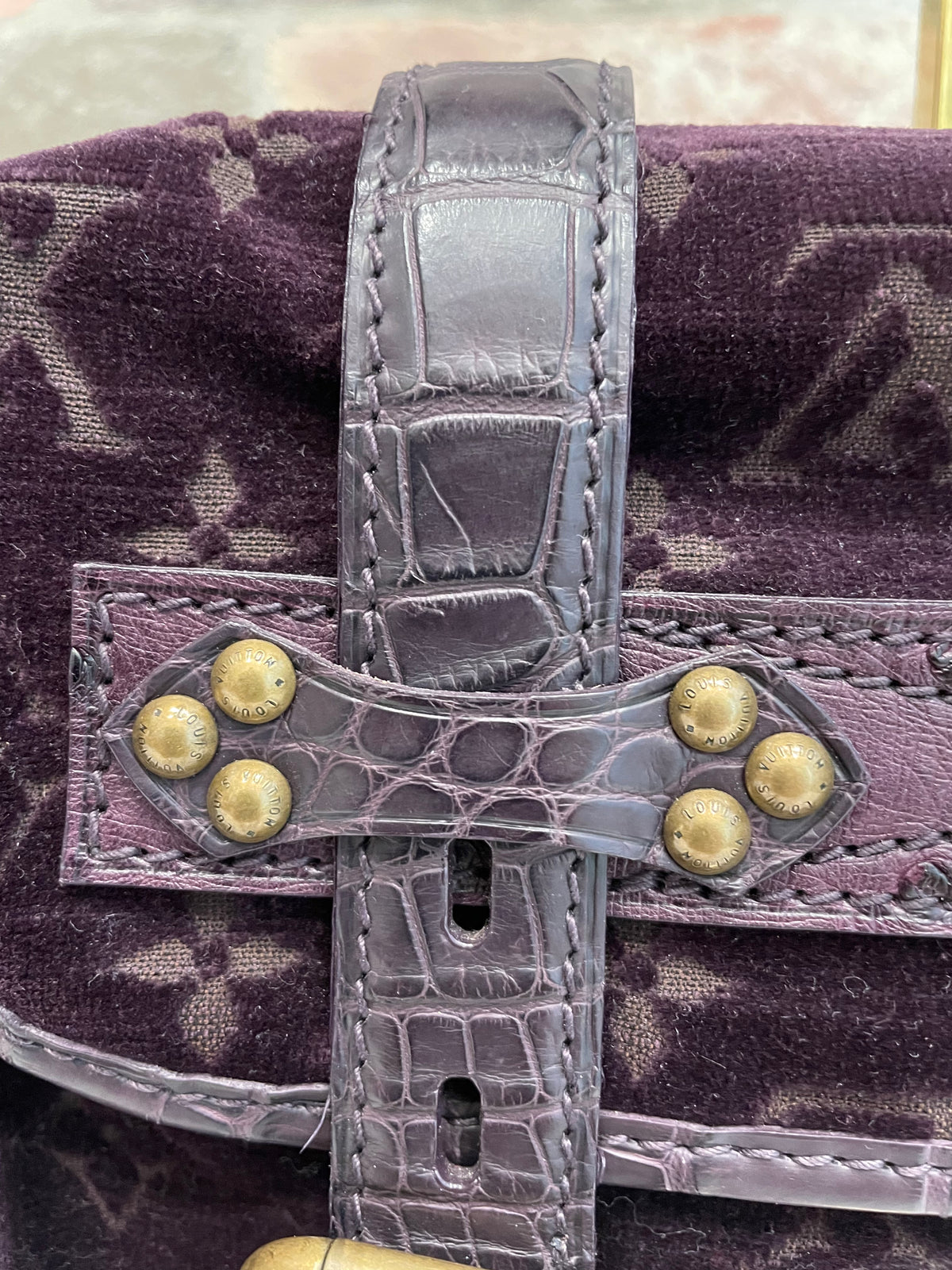 Aubergine Louis Vuitton  Handbag Clyde Mon, Velour w Alligator/Ostrich trim c. 2004 VGUC