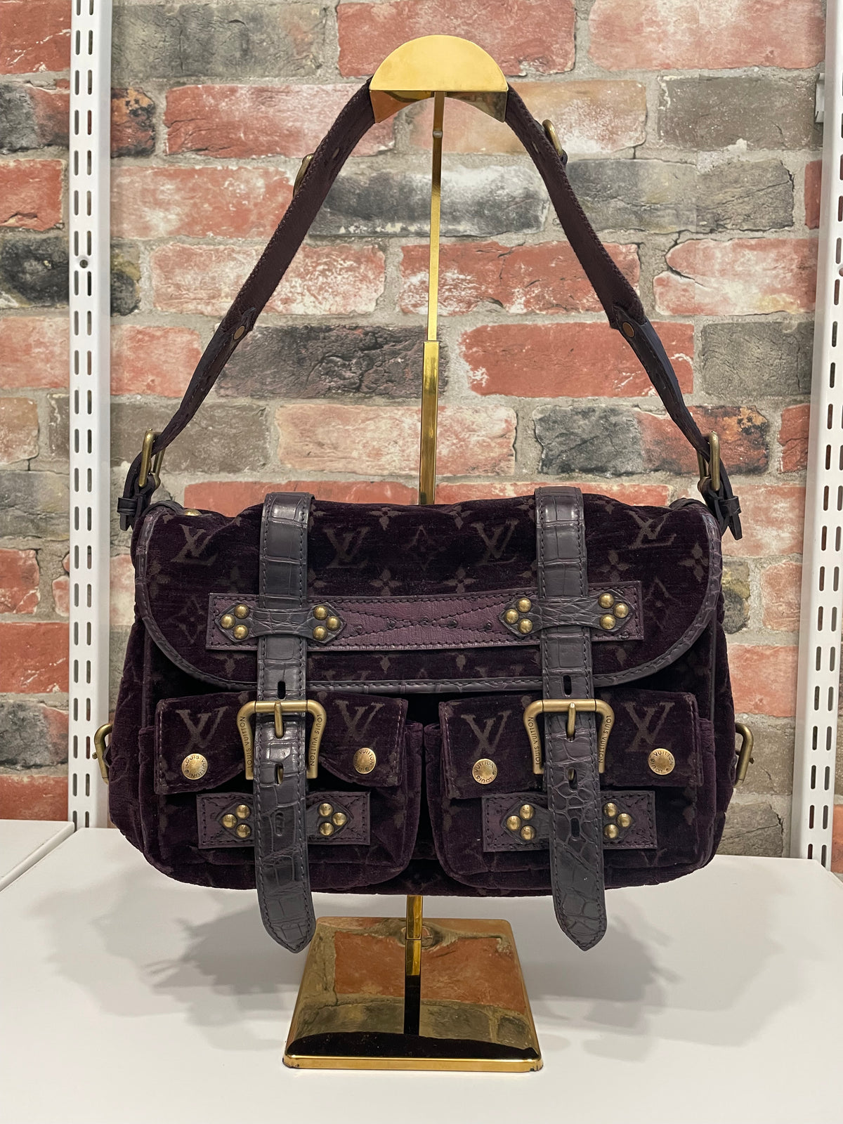 Aubergine Louis Vuitton  Handbag Clyde Mon, Velour w Alligator/Ostrich trim c. 2004 VGUC