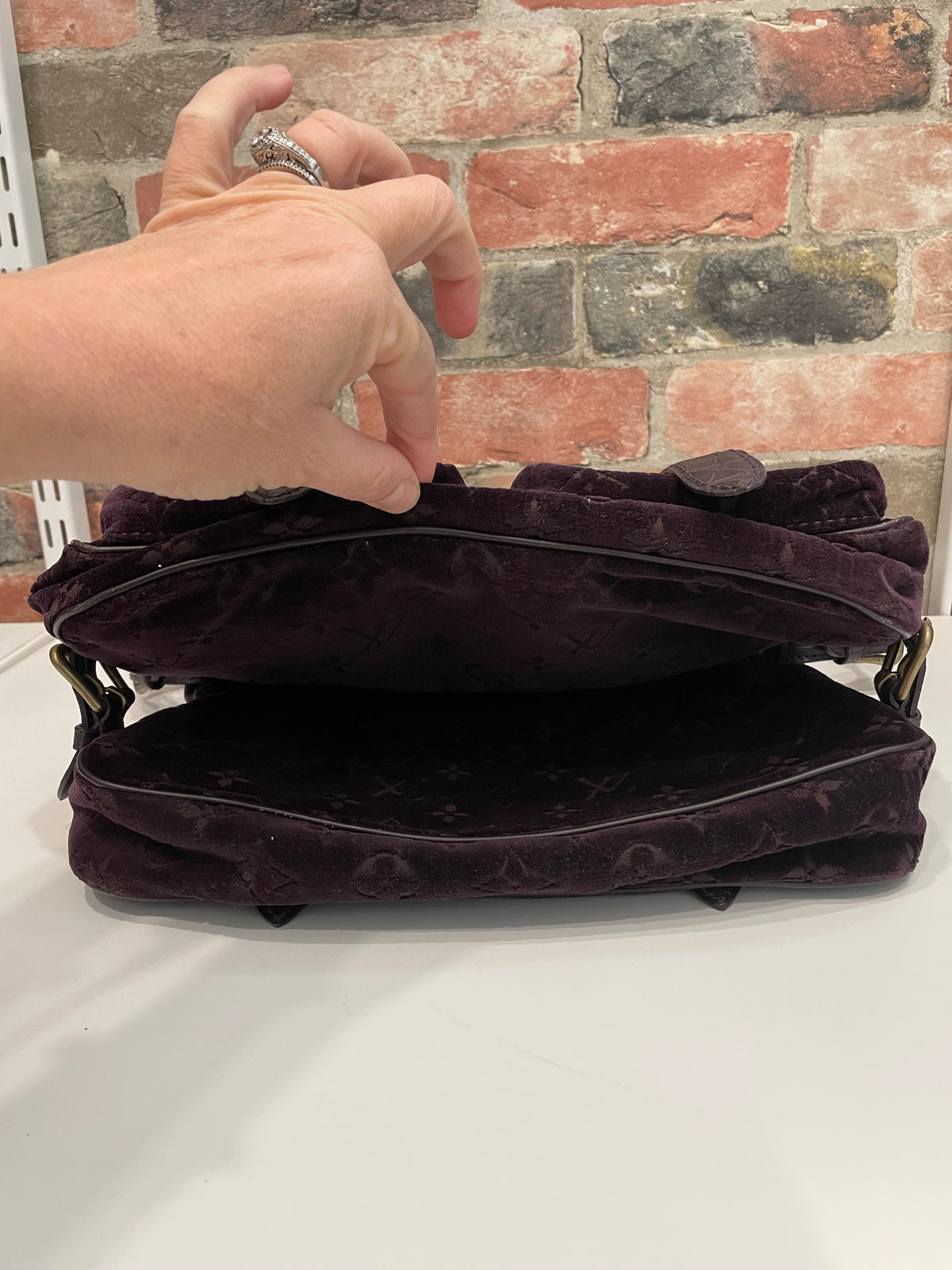 Aubergine Louis Vuitton  Handbag Clyde Mon, Velour w Alligator/Ostrich trim c. 2004 VGUC