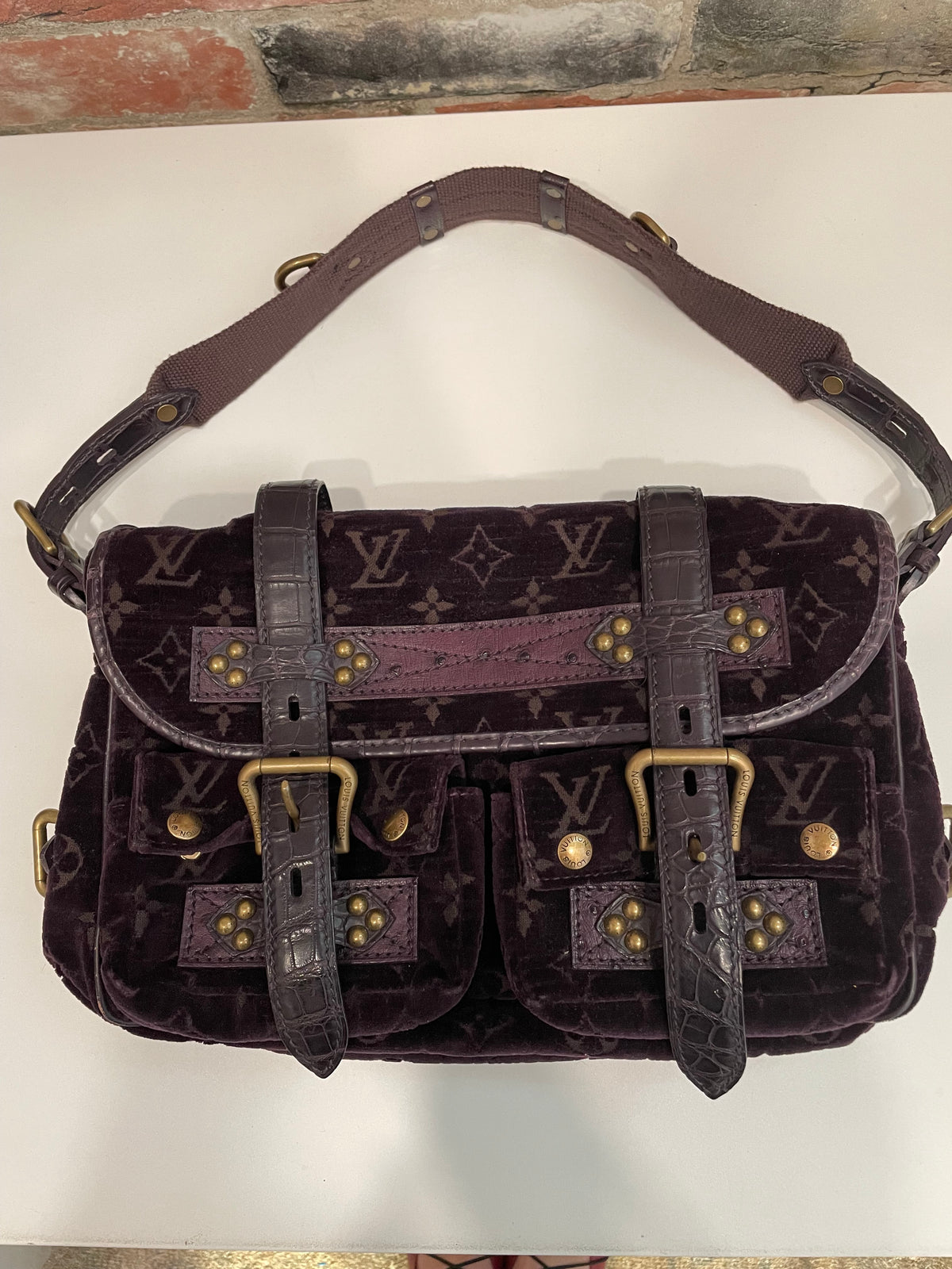 Aubergine Louis Vuitton  Handbag Clyde Mon, Velour w Alligator/Ostrich trim c. 2004 VGUC