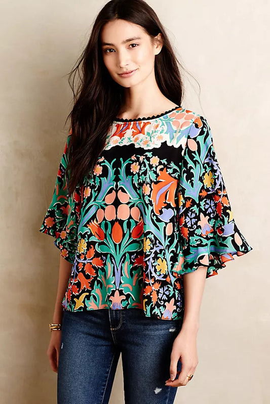 Black, Multi  Maeve Top Silk, abstract floral folk art, M