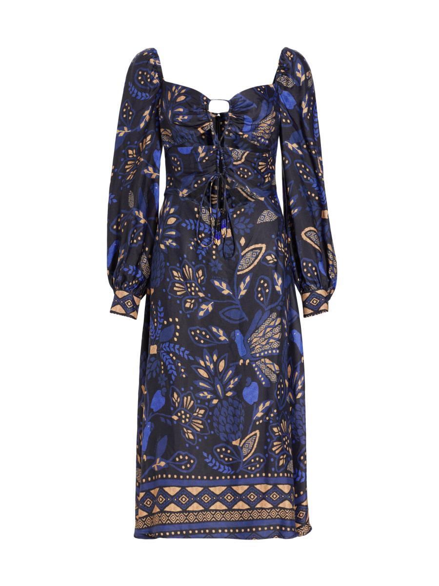 Black/Blue/Tan Farm Rio Dress Silky, NWT, M