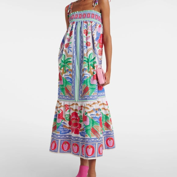 White, Multi Print  Farm Rio Dress NWT, Parrots/Palm  rt $240 , M