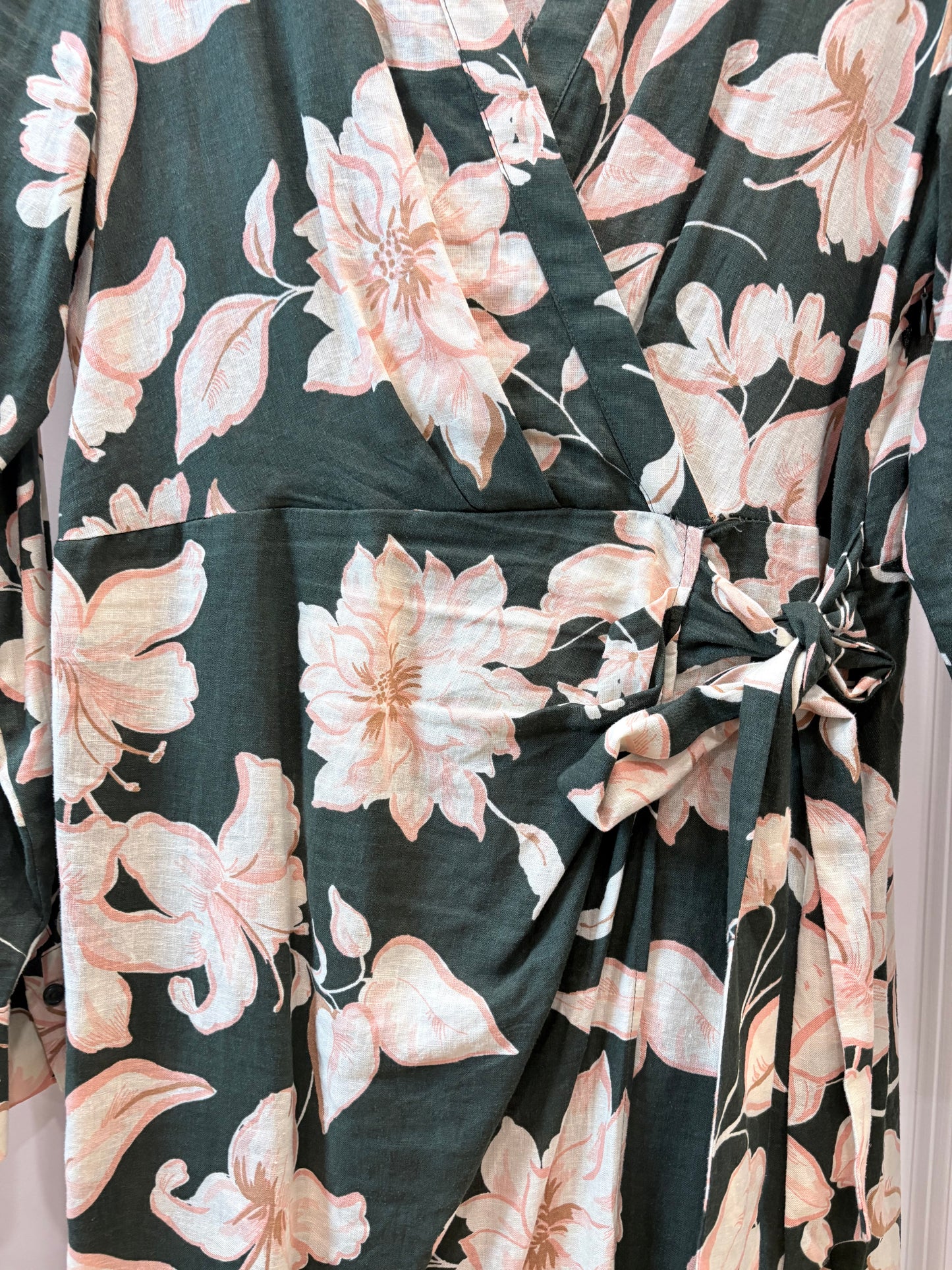 Forrest, floral MNG Dress faux wrap long sleeve, linen , 8