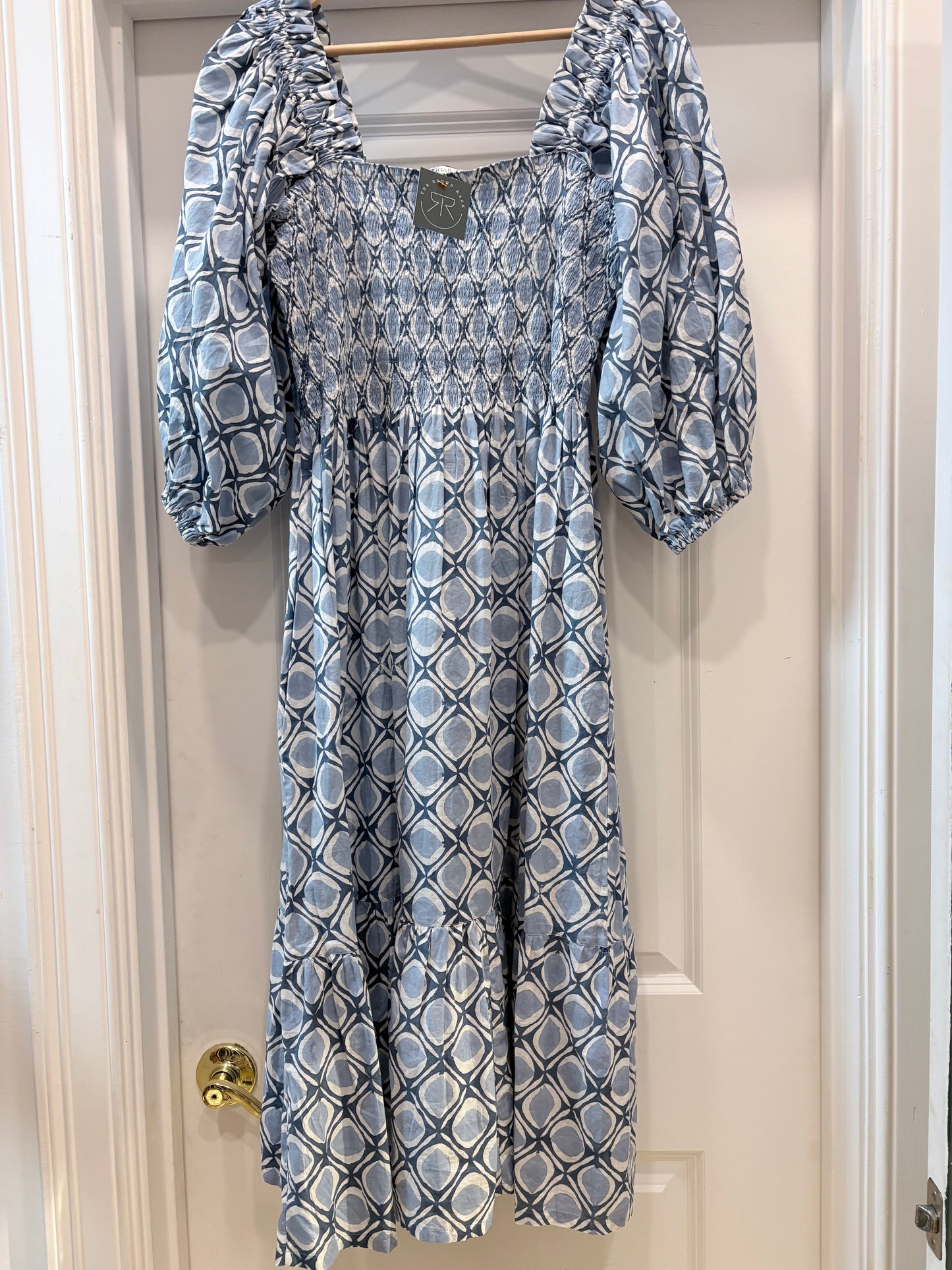 Blue Abigail Fox Dress 3/4 Sleeve Printed Maxi w/ Smocked Bodice, L