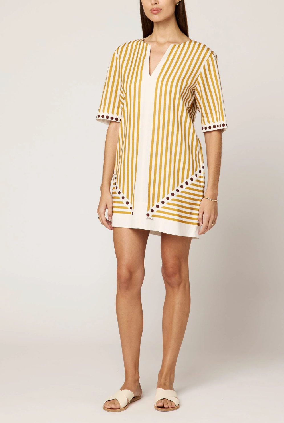 Marigold Pinstripe  Cleobella Dress Circle print trim  rt $278, L