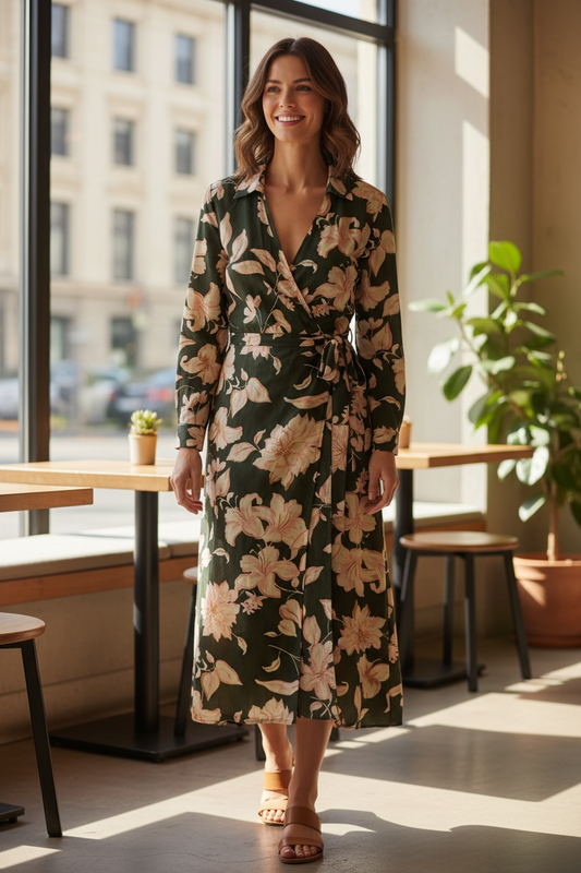 Forrest, floral MNG Dress faux wrap long sleeve, linen , 8