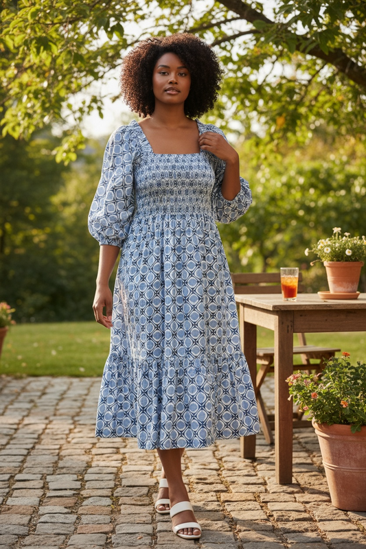 Blue Abigail Fox Dress 3/4 Sleeve Printed Maxi w/ Smocked Bodice, L