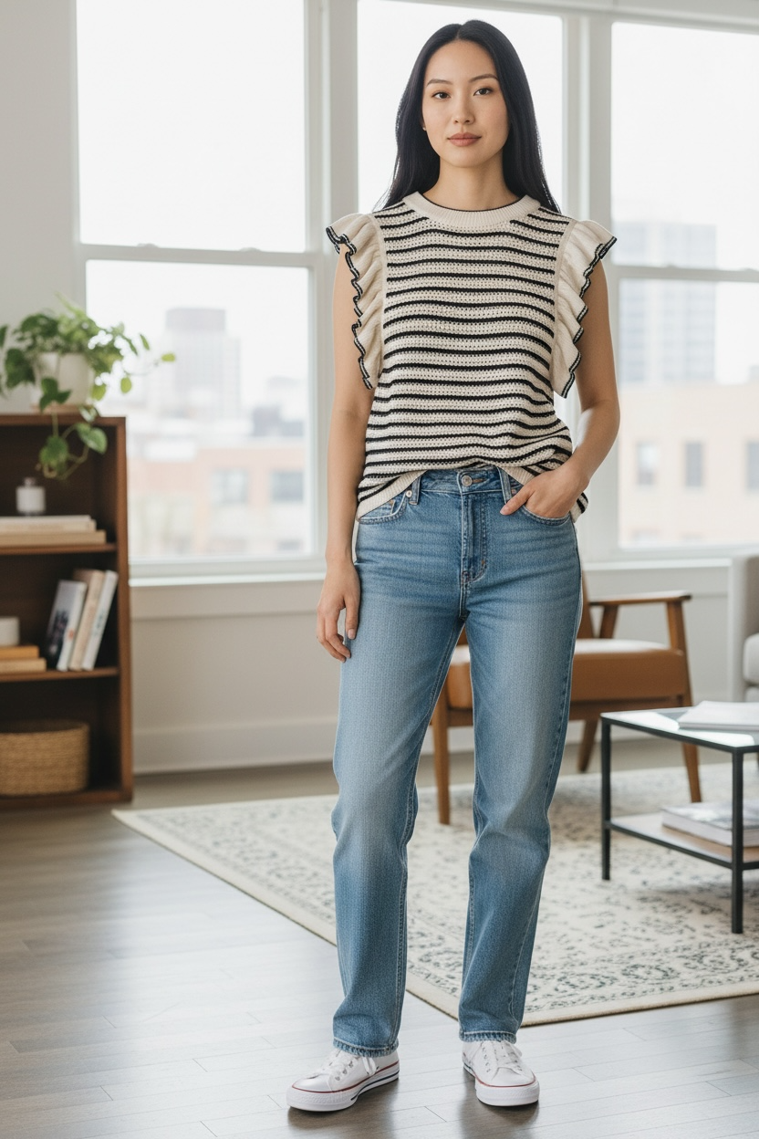 Ivory Eleven Six Sleeveless Sweater Navy Stripe Open Knit Ruffle, M/L