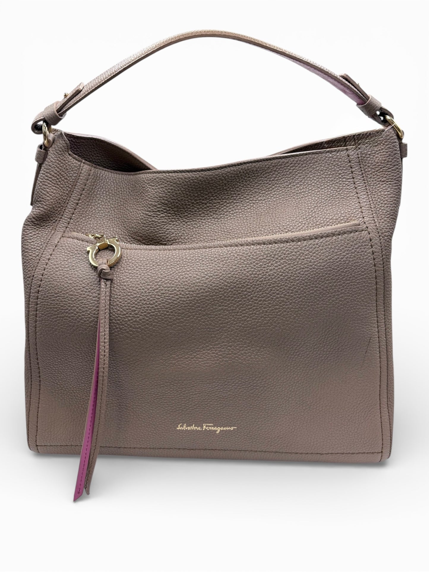 Taupe Ferragamo Handbag Pebbled Ally bag, pink lining