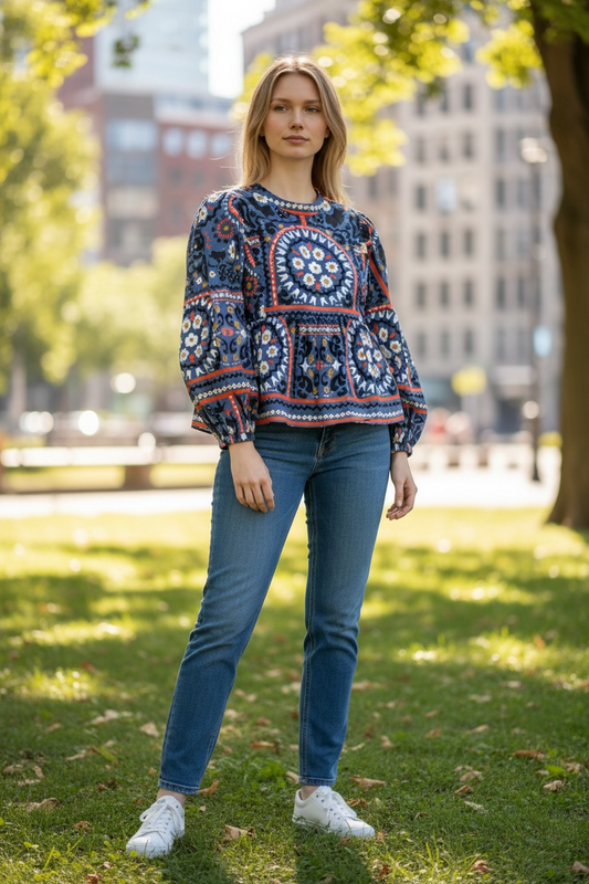 Blue/red print Crosby Blouse  Jodi Top , L