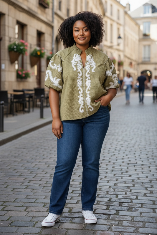 Olive  THML Short Sleeve Blouse  Puff sleeve/Embroidered, XL