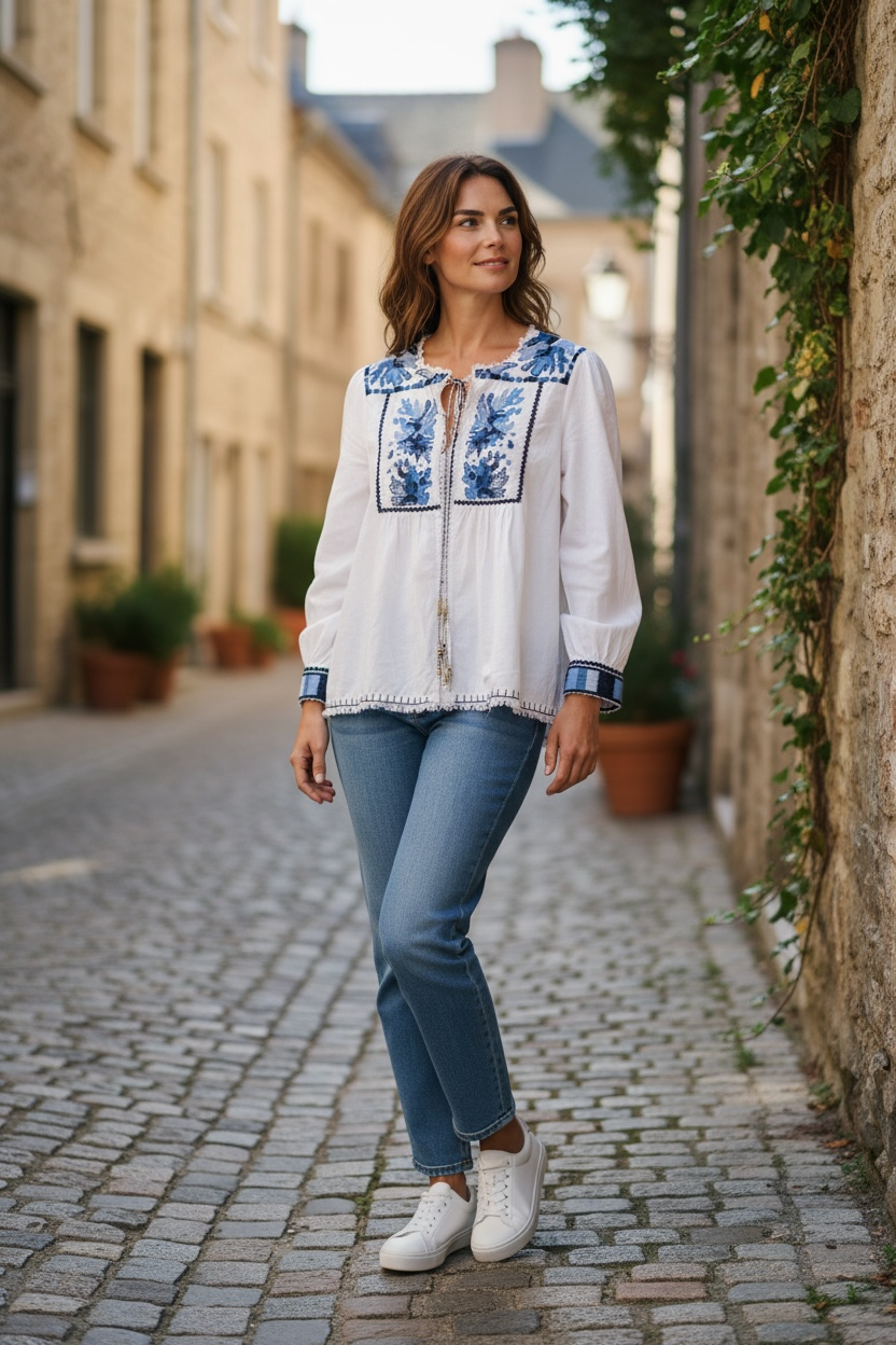White/Blue  Zara  Blouse  NWT, Embroidered , M