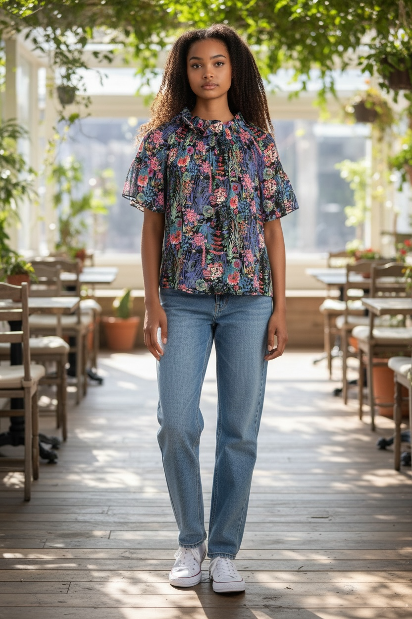 Black/Multi floral  Sara Campbell Short Sleeve Blouse , s