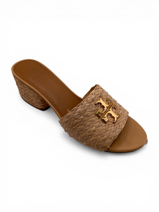 Tan Tory Burch Sandal Raffia Gold Logo Block Heel AS IS, 9