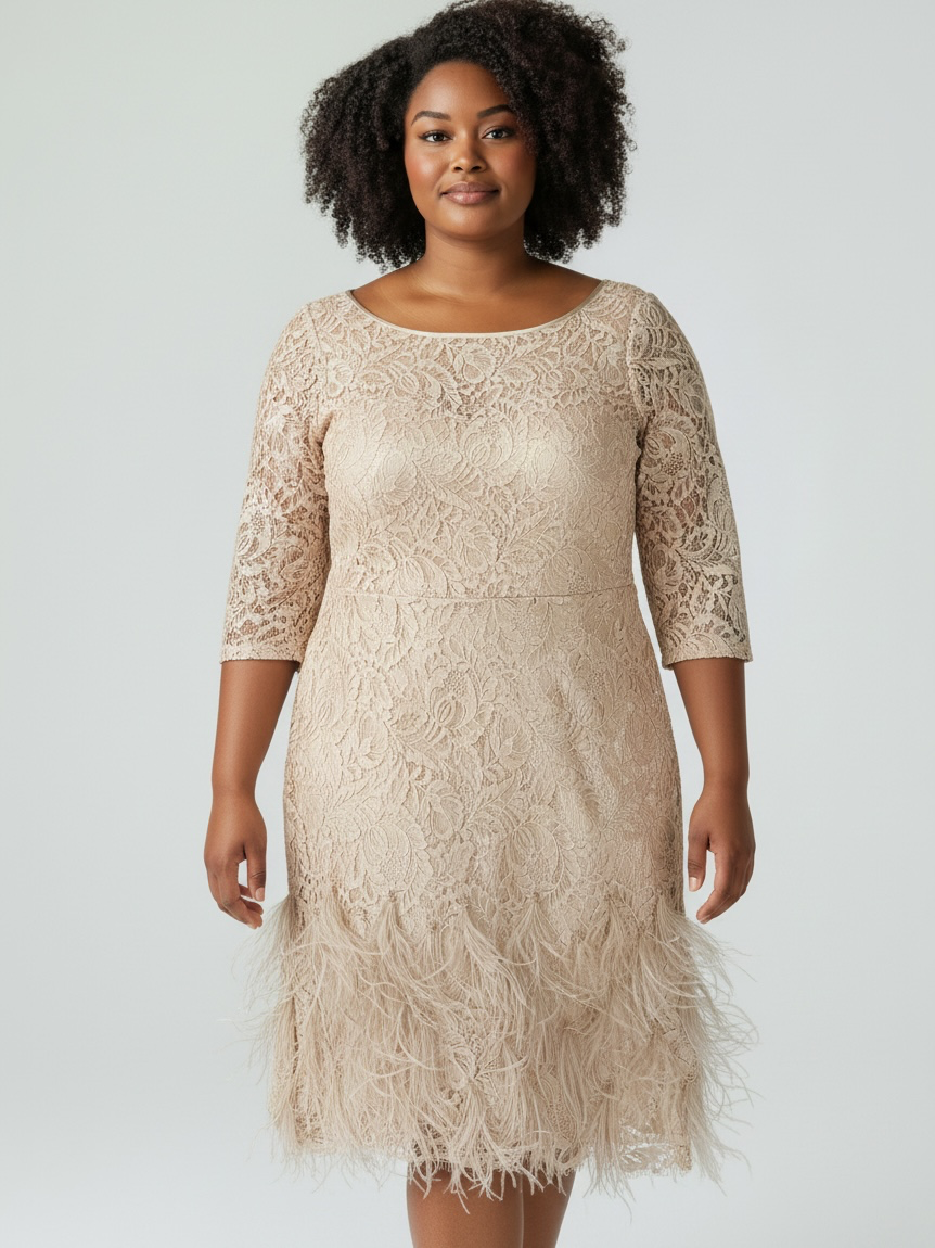 Champange Lace Theia Cocktail Dress Feather trim, 12
