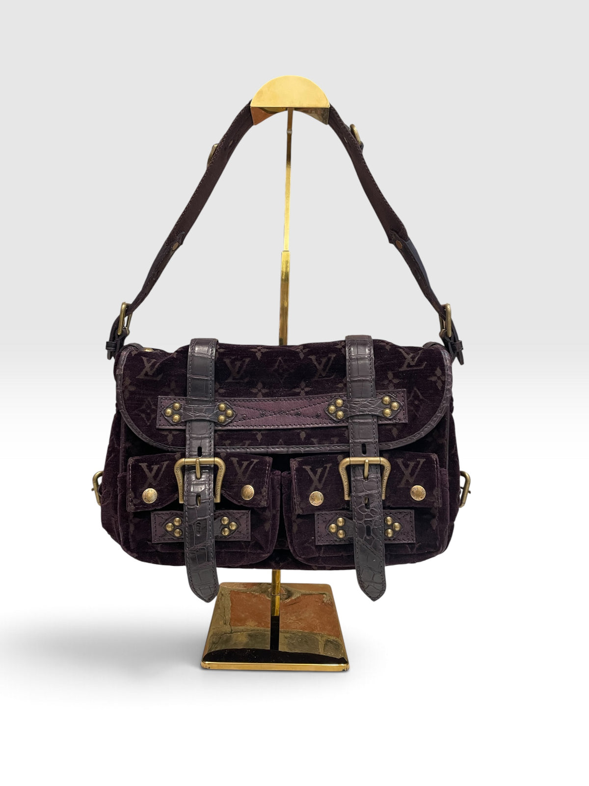 Aubergine Louis Vuitton  Handbag Clyde Mon, Velour w Alligator/Ostrich trim c. 2004 VGUC