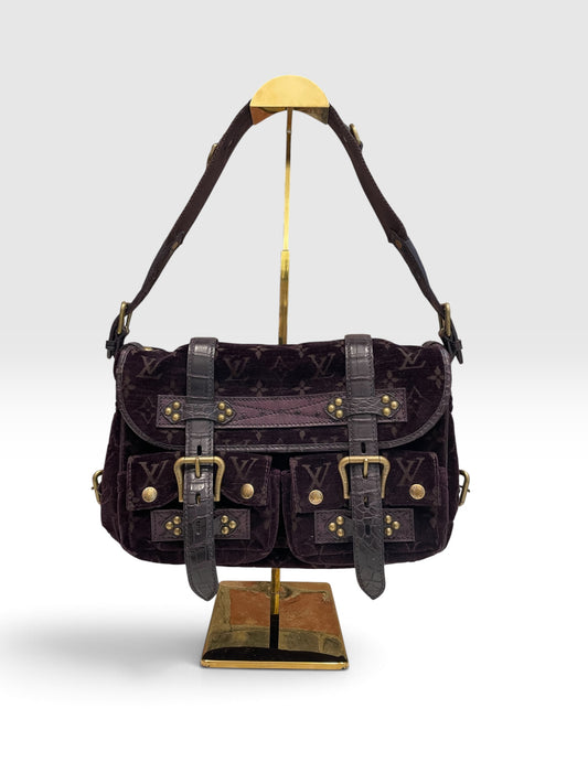 Aubergine Louis Vuitton  Handbag Clyde Mon, Velour w Alligator/Ostrich trim c. 2004 VGUC
