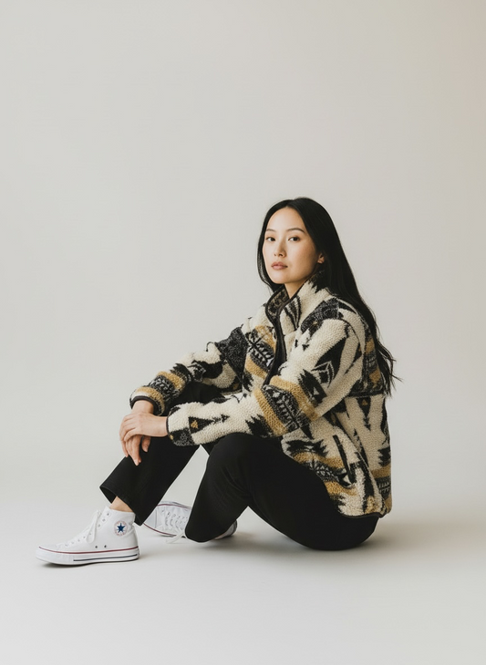 Cream/Blk/Tan Aztec The Upside  Fleece Jacket, S