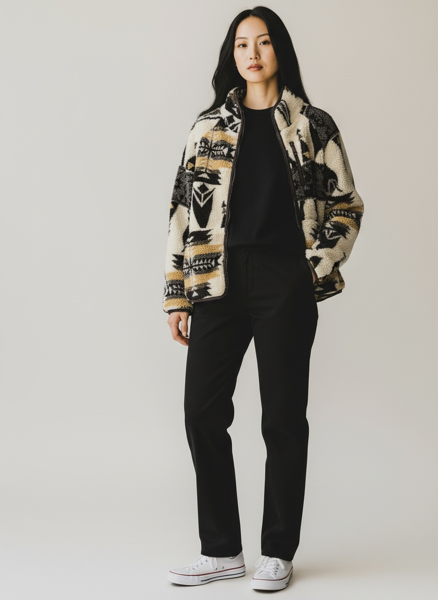 Cream/Blk/Tan Aztec The Upside  Fleece Jacket, S