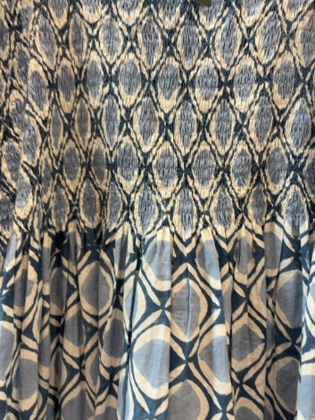 Blue Abigail Fox Dress 3/4 Sleeve Printed Maxi w/ Smocked Bodice, L