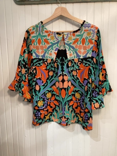 Black, Multi  Maeve Top Silk, abstract floral folk art, M
