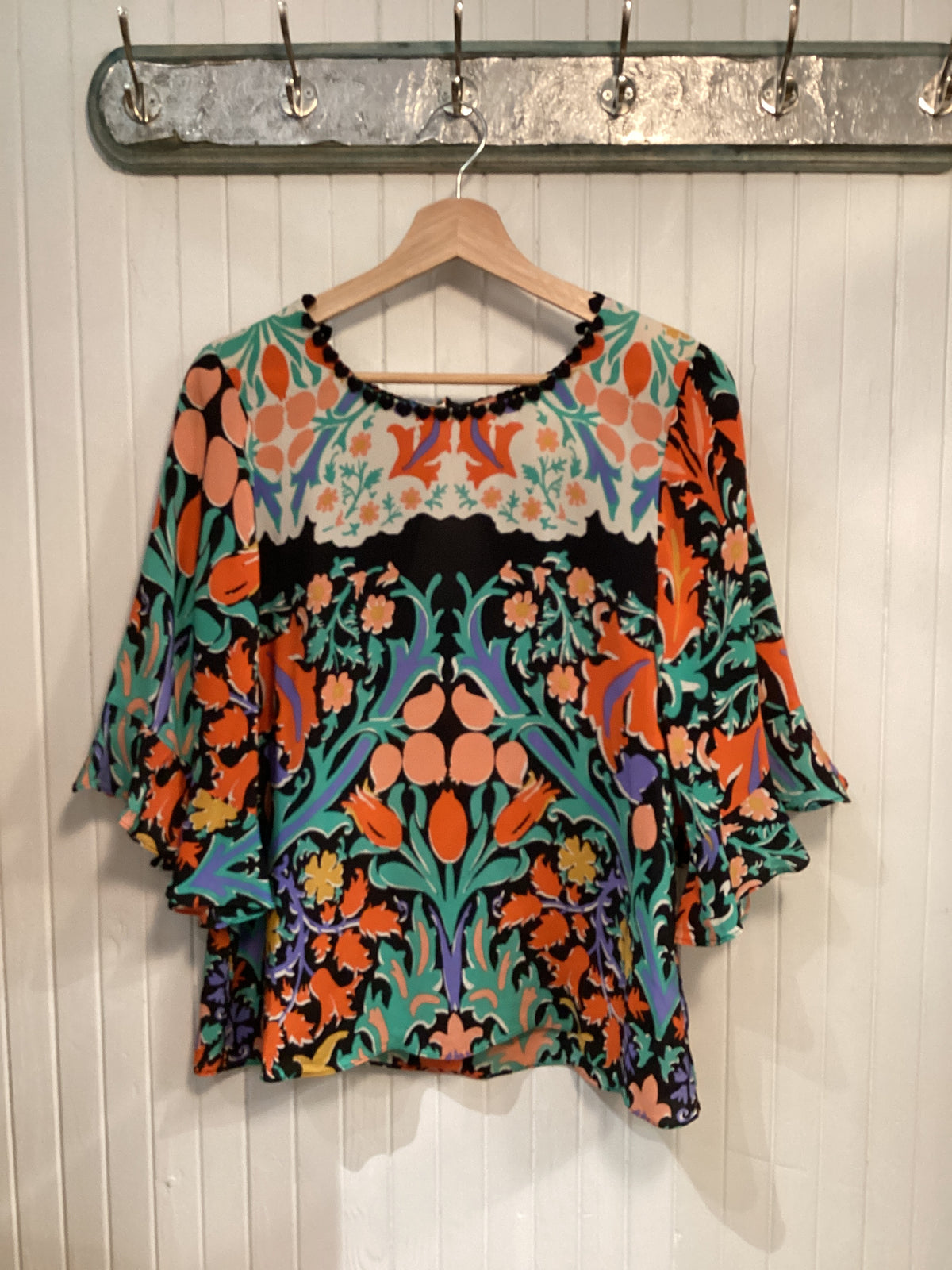 Black, Multi  Maeve Top Silk, abstract floral folk art, M