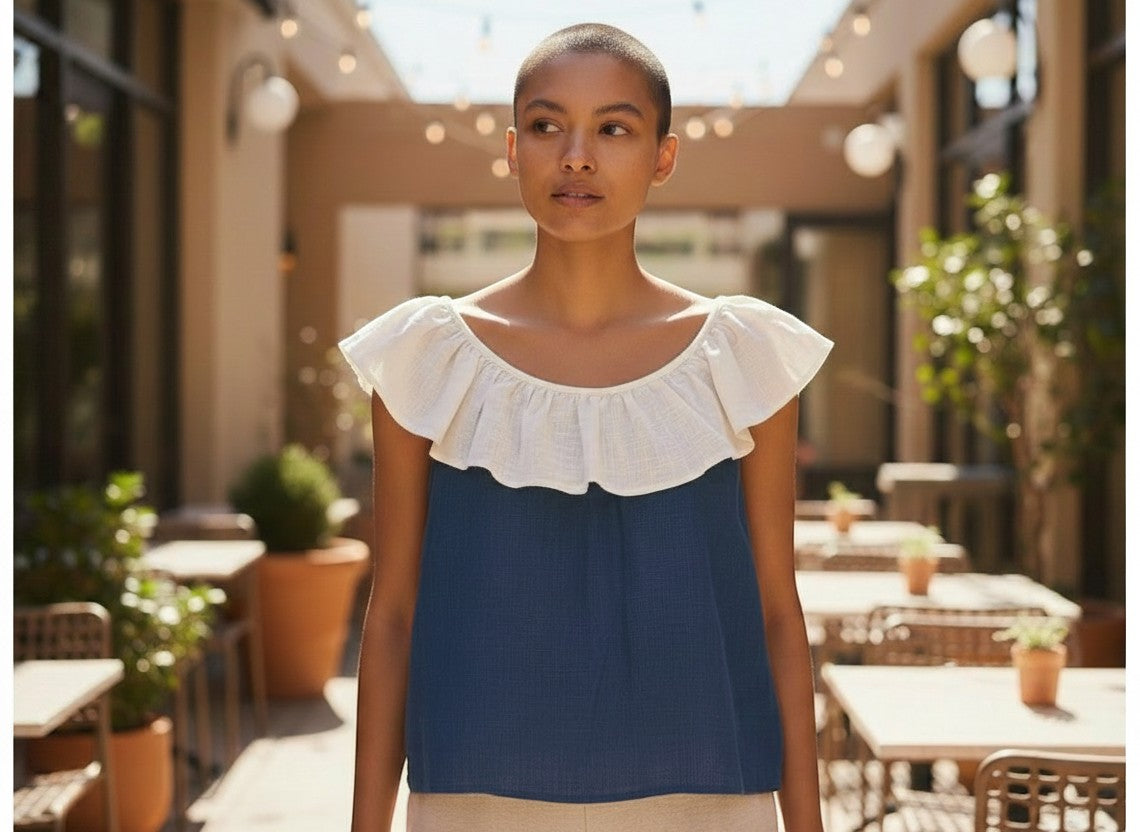 The Round Rack navy and cream linen sleeveless top with ruffle collar on a woman.