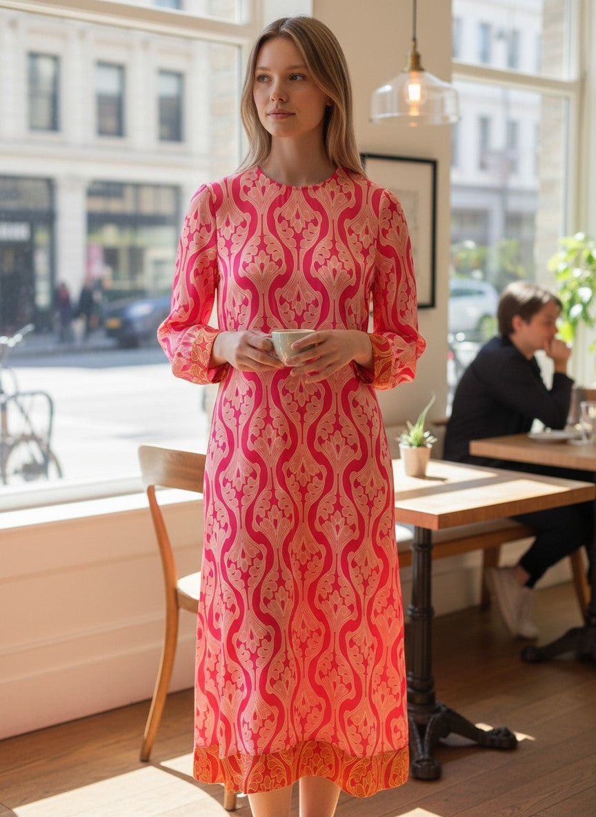The Round Rack pink and light pink geometric Hayes midi dress with long sleeves and a bold pattern.